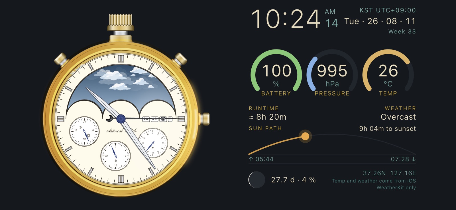 byeWatch clock, barometer and sunrise instrument display