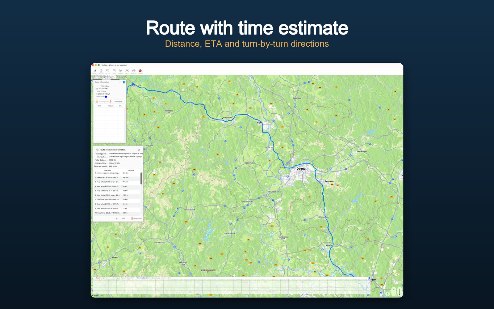 Erdigo map and route planning screen