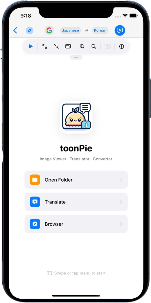 ToonPie home screen with folder, translation and browser tools